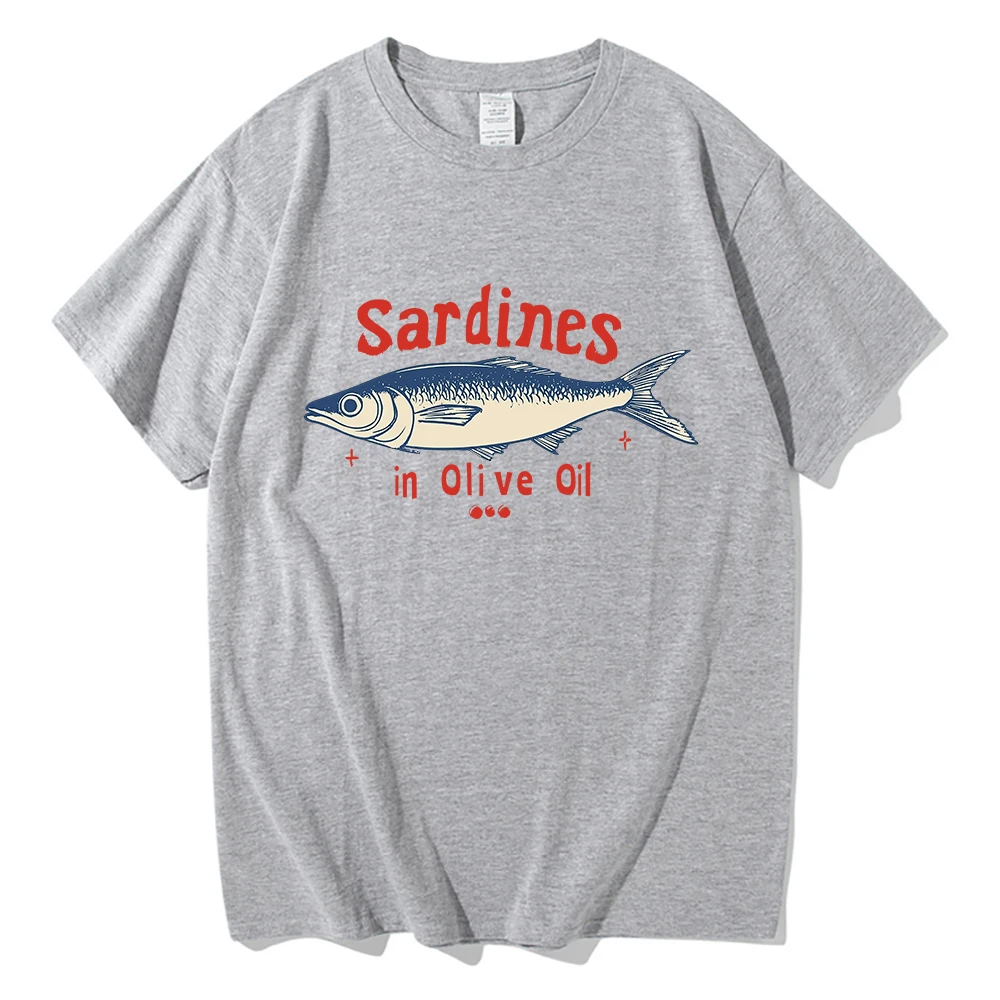 Sardines à l'huile d'olive rouge bleu imprimé t-shirt drôle imprimé femmes col rond été graphique t-shirts vêtements de sport