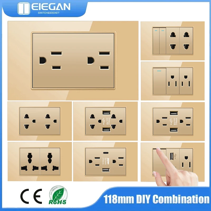 

Thai US UN Standard Wall Switch Socket USB Type-c ChargerAU Switch G18 Tempered Glass Panel Button Switch TV TEL Computer socket