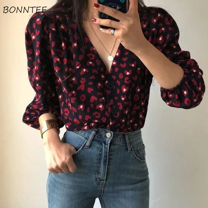 Shirts Women V-neck Retro Harajuku Ins Top Vintage Female Loose Kawaii Chic All-match Office Lady Teenagers Three Quarter Sleeve