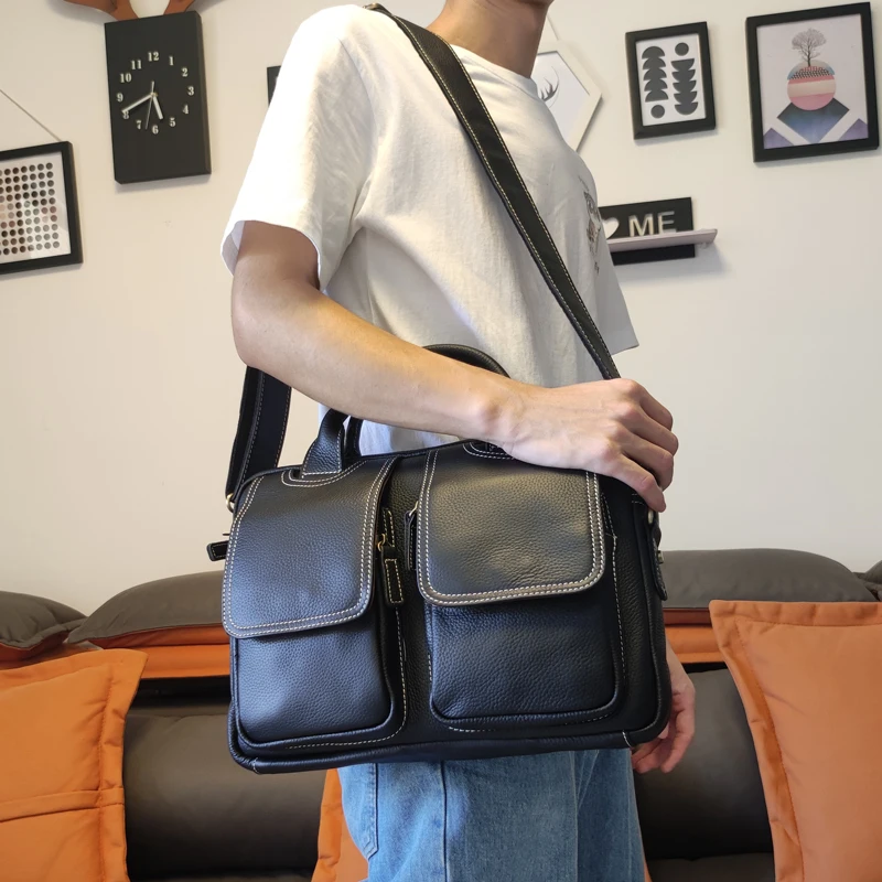 valigetta da uomo in vera pelle morbida di lusso da viaggio pendolarismo borsa casual fatta a mano in vera pelle di mucca borsa a tracolla nera