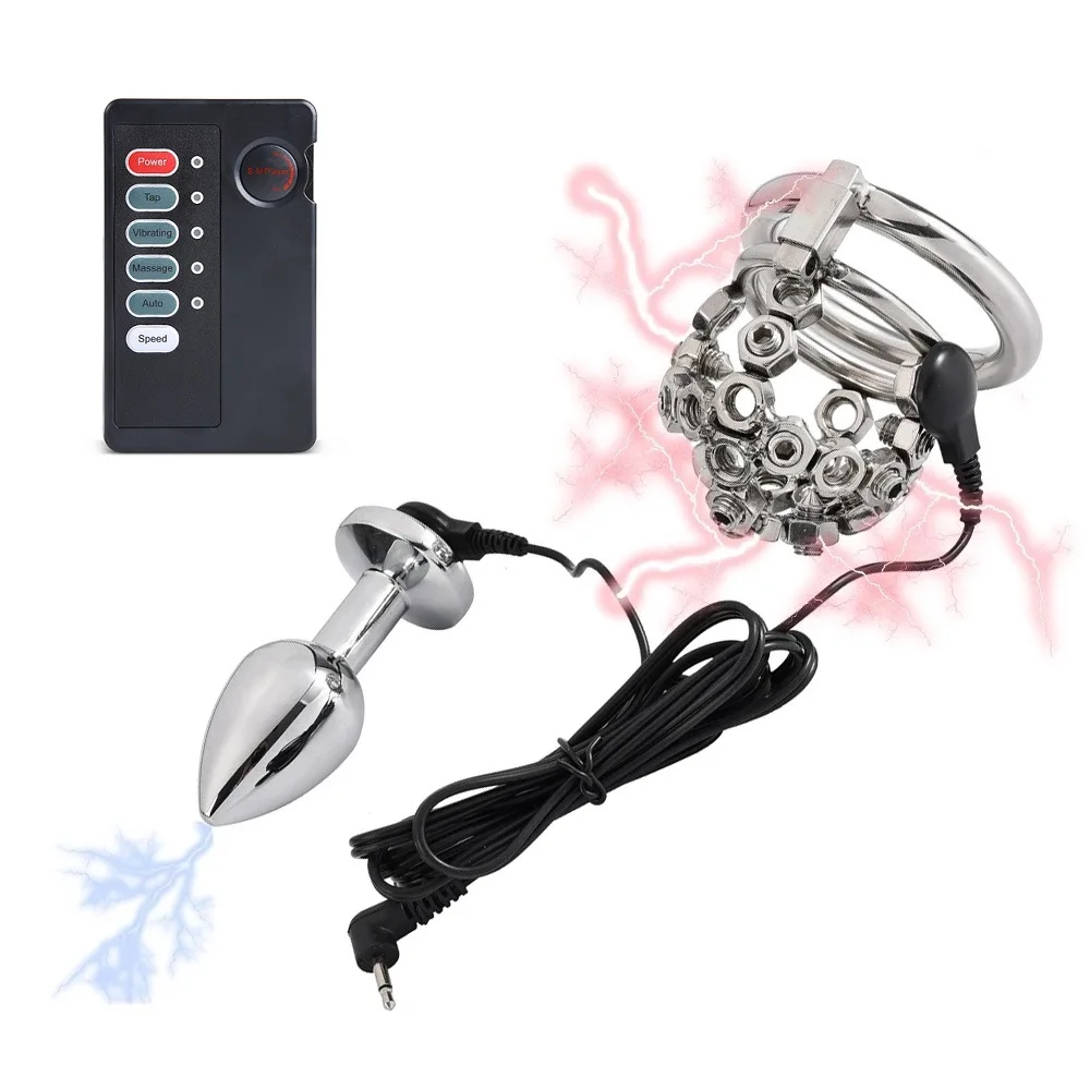 Electric Shock Stainless Steel Penis Lock Chastity Cage Small Male Metal Penis Cage Bondage Belt Ring Slave Electro Butt Plug