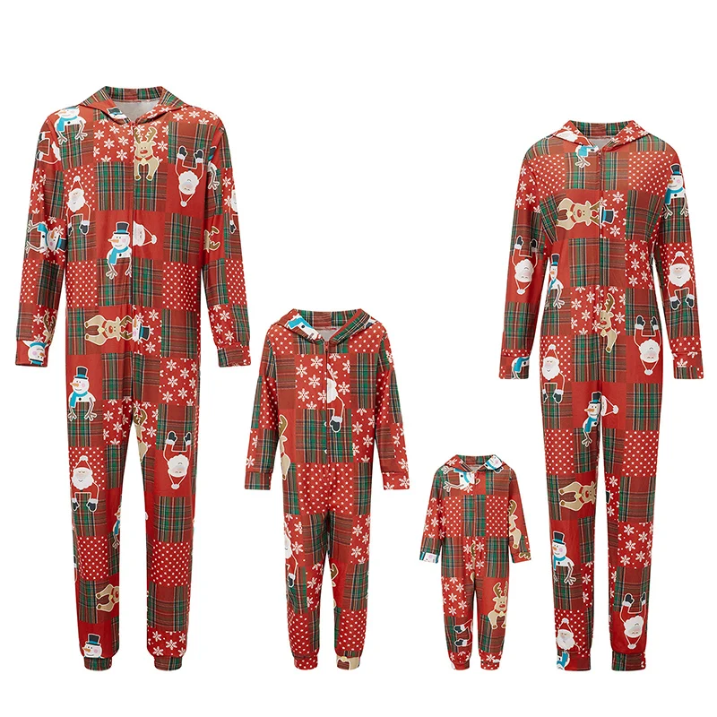 Matching Family Christmas Pajamas Red Plaid Reindeer Print Long Sleeve Zip Up Full Length Jumpsuit Holiday Sleepwear Set