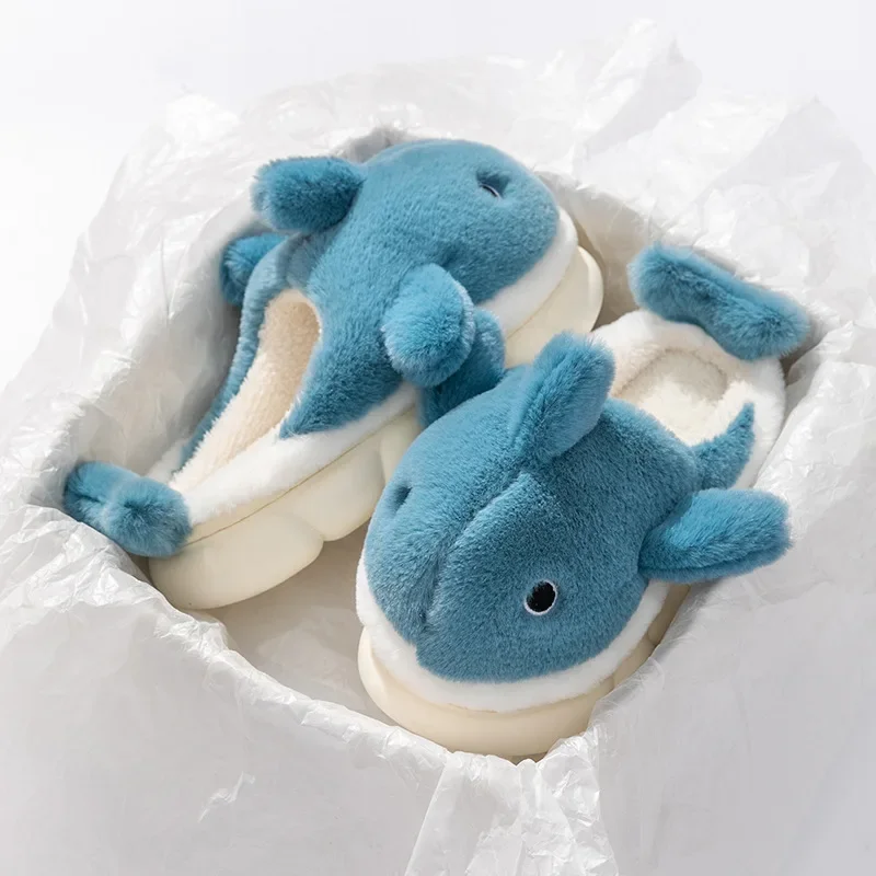 Cute Whale Cotton Slippers for Women Winter Couple Indoor Home Furnishings Home Furnishings for Winter Cartoon Hairy Slippers