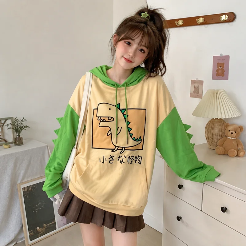 Cute Dinosaur Hoodie Cartoon Graphic Pullover Sweatshirt Long Sleeve Oversized Casual Y2K Streetwear Hooded Top