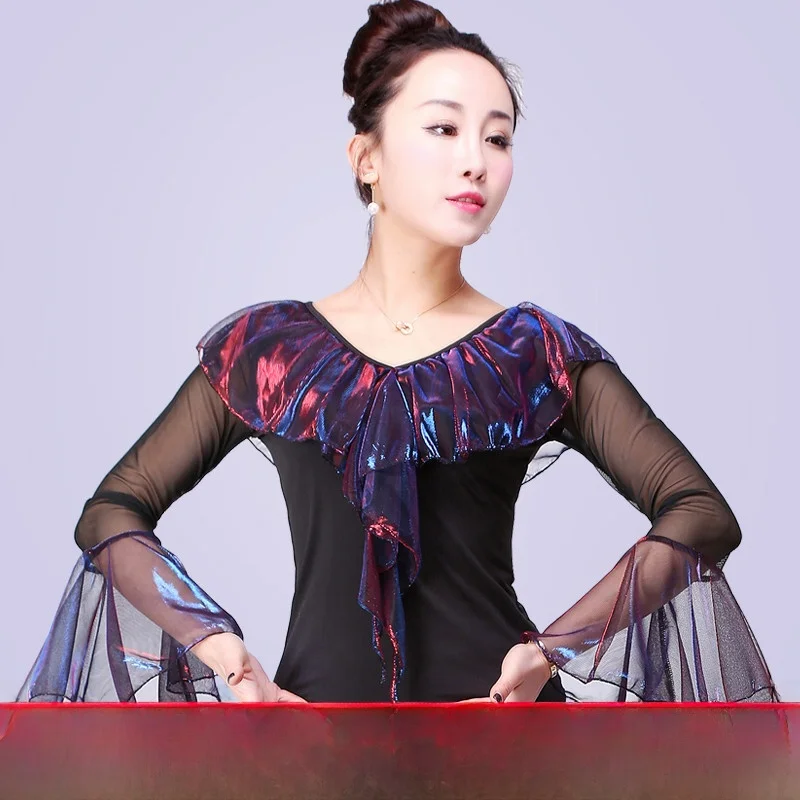 2020 New Adult Latin Modern Dance Clothes Square Dancing Outfit Top Women's Slim Fit Long Sleeve Shiny Thread Bell Sleeve