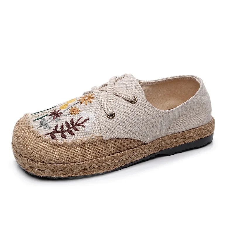 Careaymade-Hot Flats Women Shoes Embroider Retro Lace-up Round Toe Cotton Linen New Handmade Concise Comfortable Ladies Shoes