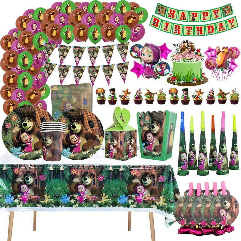 Mascha und der Bär Geburtstagsdekoration Tischgeschirr Becher Teller Tischdecke Ballon Banner Hintergrund Geschenktüten für Kinderparty-Zubehör