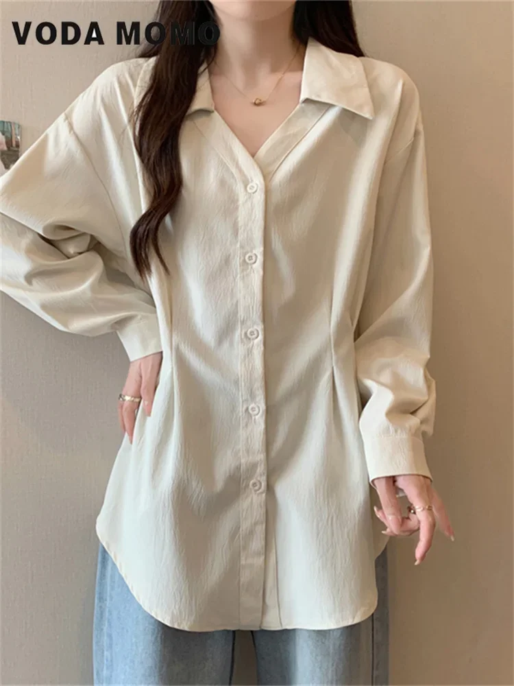 

Women Spring Autumn Korean Elegant Button Shirts Office Lady Ruffled Fashion Solid Loose Casual Long Sleeve Harajuku Blouses