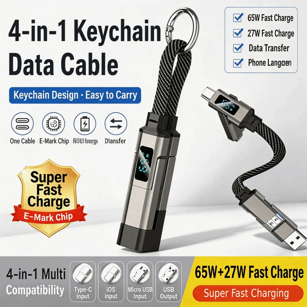 4 in 1 Digital Display Super Fast Charging Keychain Lanyard Data Cables with LED Display for iPhone 17,Samsung Galaxy A17