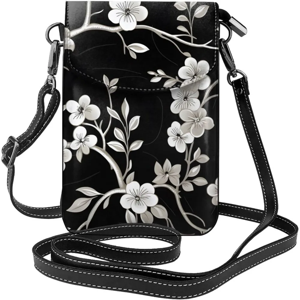 

Japanese White Cherrys Crossbody Bag for Women PU Leather Small Travel Cell Phone Pouch Lightweight Mini Phone Purse Wallet Cros