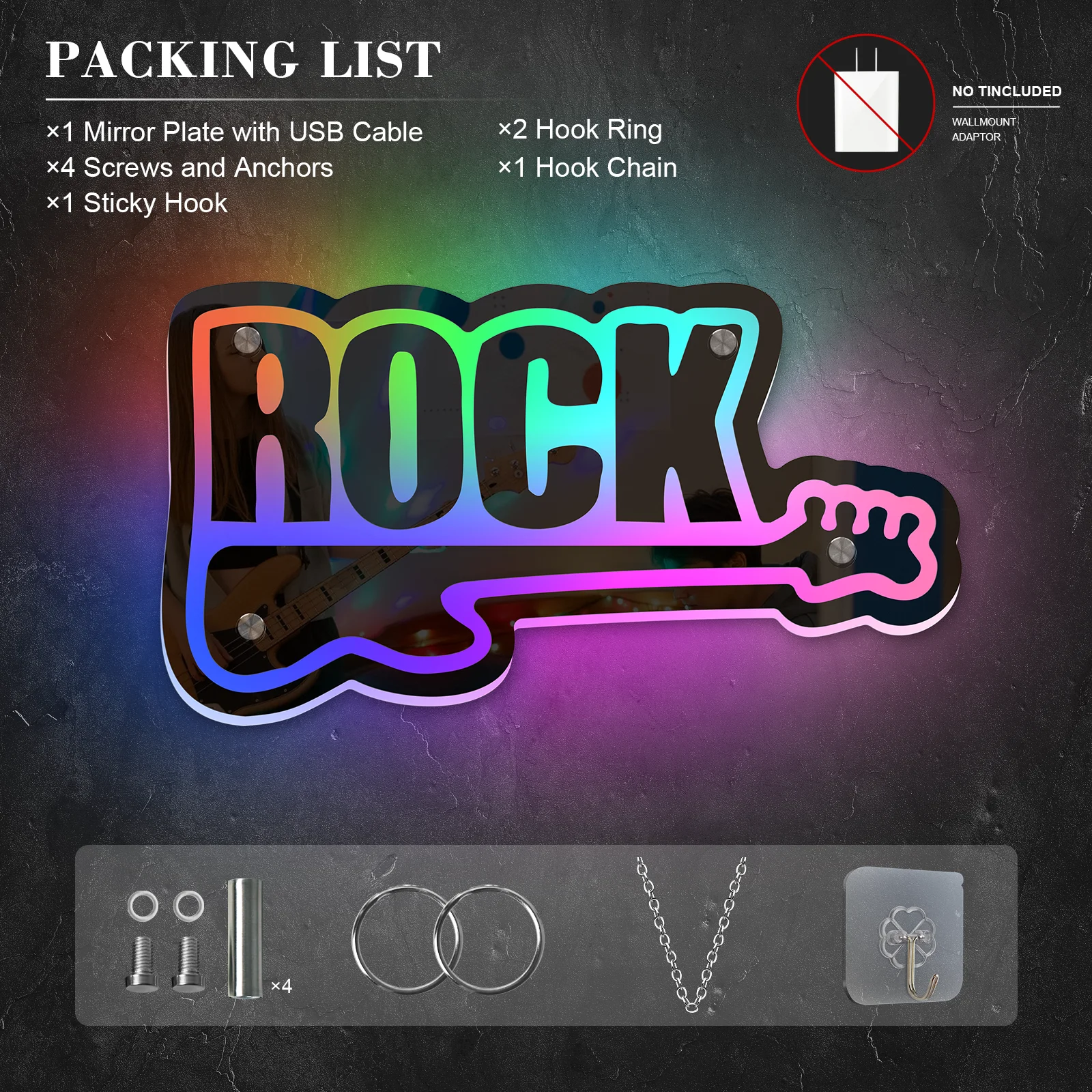 Rock with Guitar Neon Sign Mirror RGB Remote Control for Business Window Bar Shop Coffee Salon Hotel Store Music Party Pub