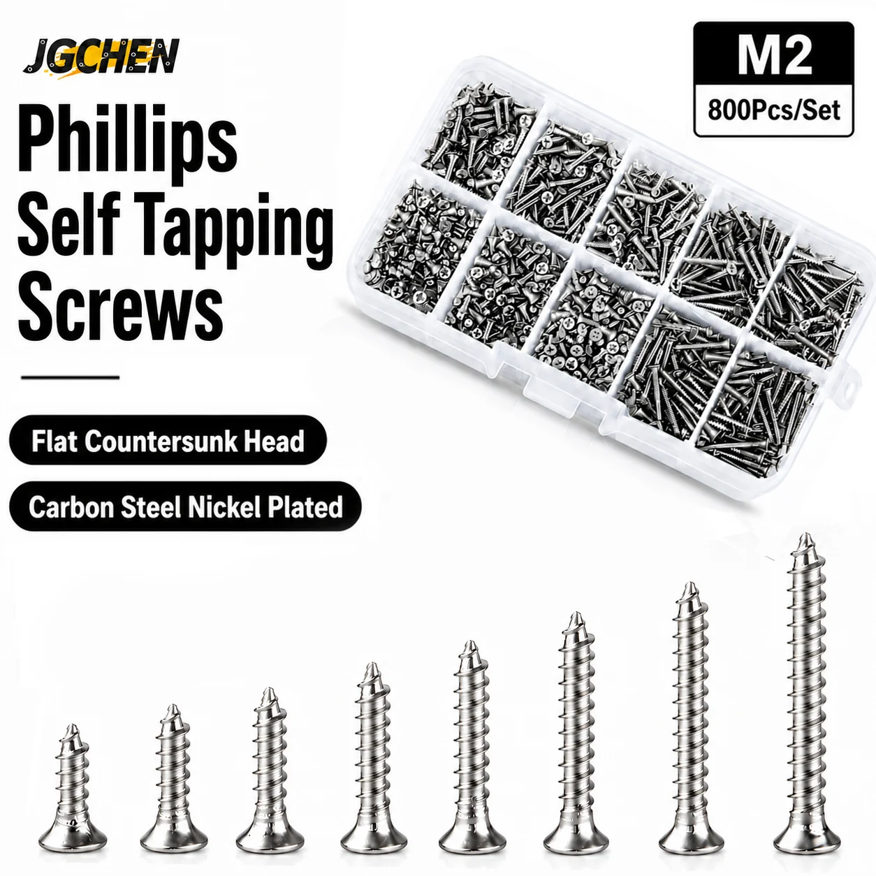 M2 800Pcs Carbon Steel Nickel Plated Phillips Flat Countersunk Head Self Tapping Screws Mini Micro Wood Screw Assortment Box Kit