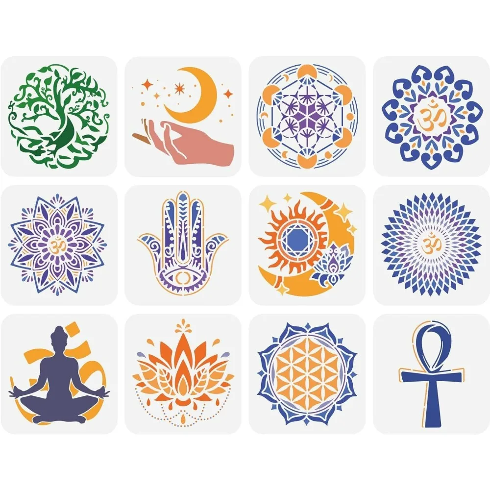 12 Pcs Sacred Geometry Stencil 5.9x5.9 inch Mandala Themed Stencil Plastic Yoga Lotus Flowers Tree of Life Hamsa Hand Sun Moon