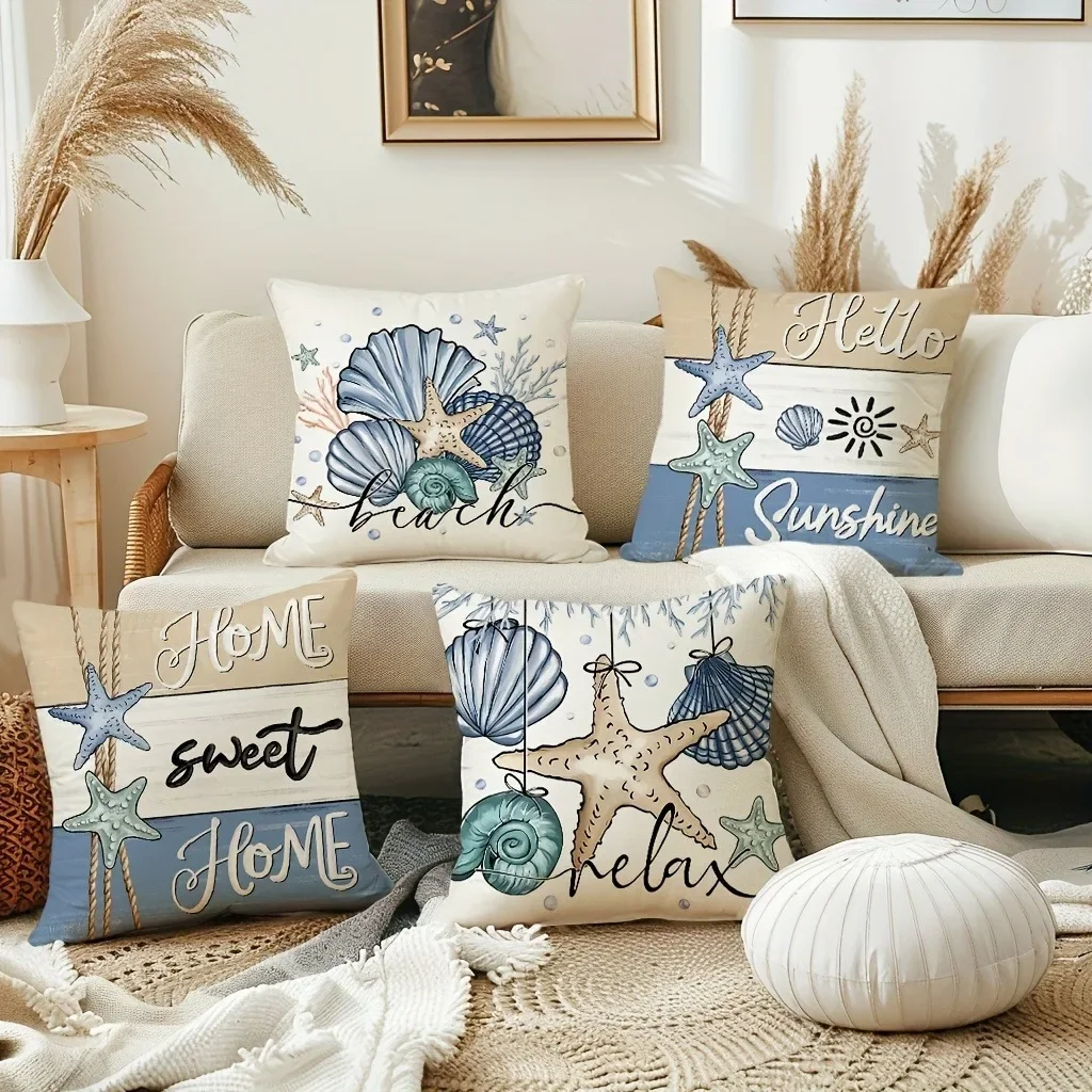 

4pc Summer Starfish and Shell PillowcaseSuitable for sofa car bedroom decorative cushion cover pillow cover