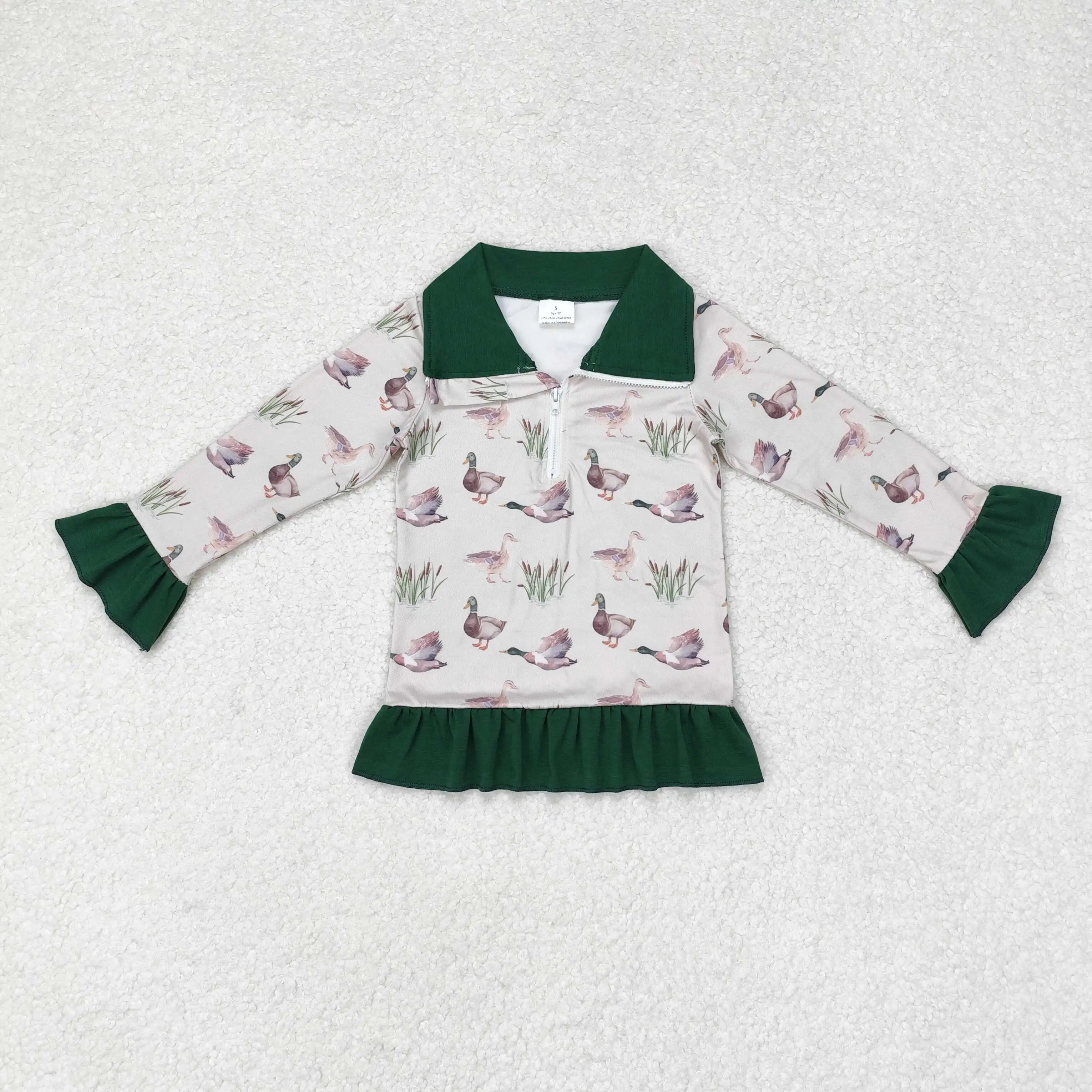 z922-14 GT0605 Wholesale New Arrival baby girls clothes Duck reed green lace zipper long-sleeved top Summer Boutique girls top