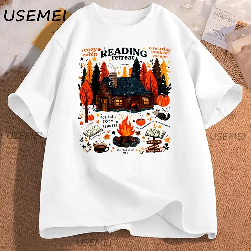 Cozy Cabin Reading Retreat T-shirt Fall Bookish Tshirt Readers Pumpkin Spice Book T Shirt Fashion Kawaii T-shirt Y2K Clothing