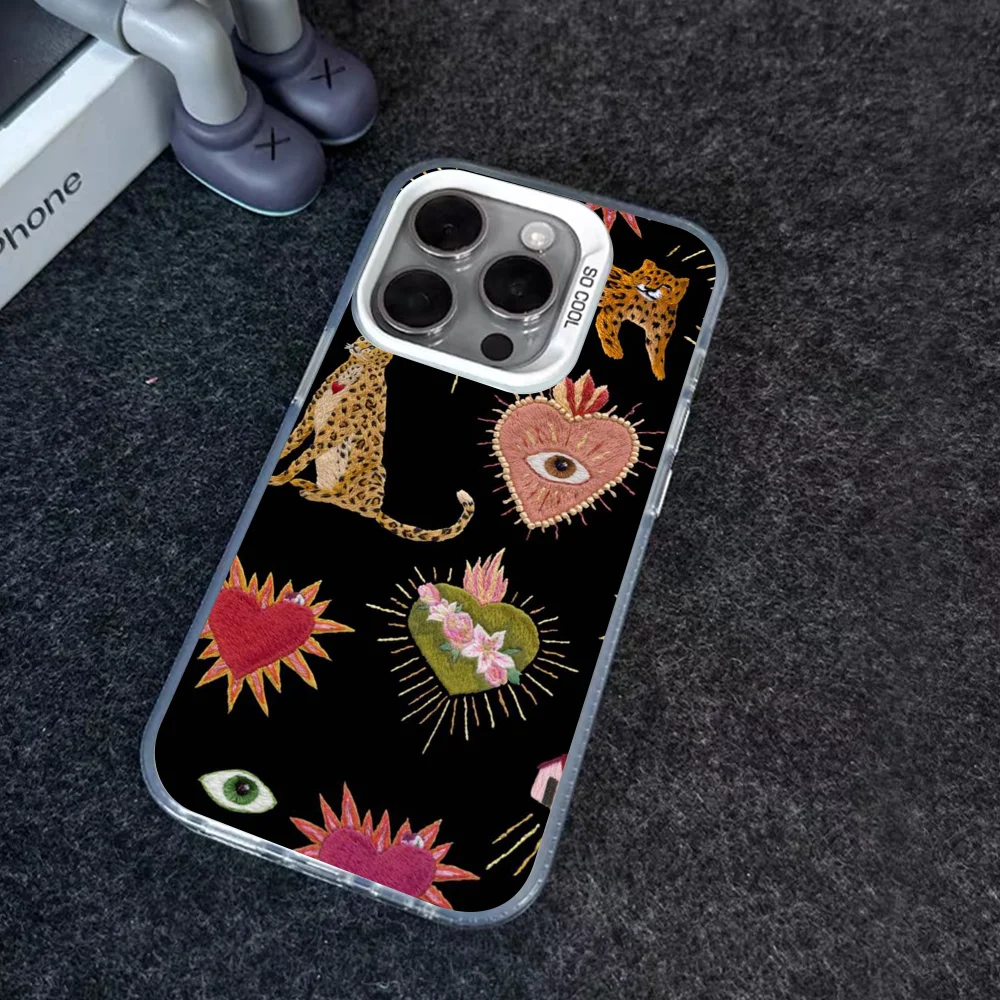 Heart Shaped Leopard Phone Case IMD Color Silver Shell For IPhone 16 15 14 13 12 Pro Max Plus