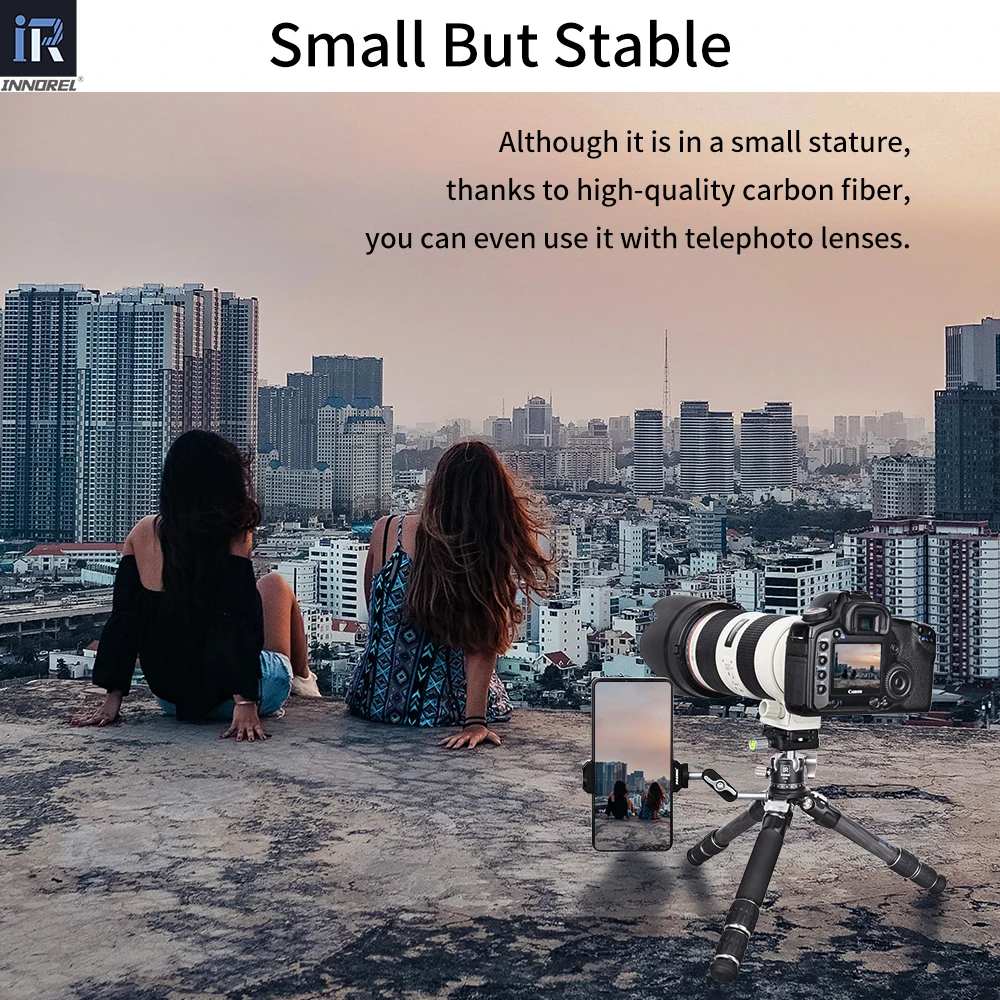 Innorel carga 10kg ct223c mini tripé de mesa tripé de mesa compacto de fibra de carbono de 10 camadas para dslr digital, vídeo dv, telefone celular