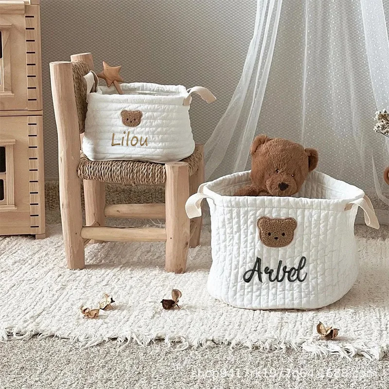 Personalized Embroidered Name Cute Little Bear Storage Basket Baby Item Storage Doll Diaper Organizing Basket