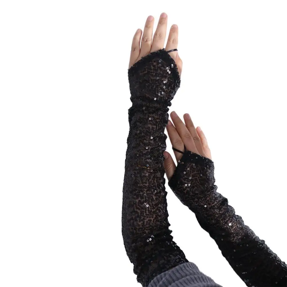 Dance Gloves Fingerless Sequins Gloves Creative Shiny Shinning Mittens 50cm Long Hook Women Cosplay Gloves Dress-Up Accessories