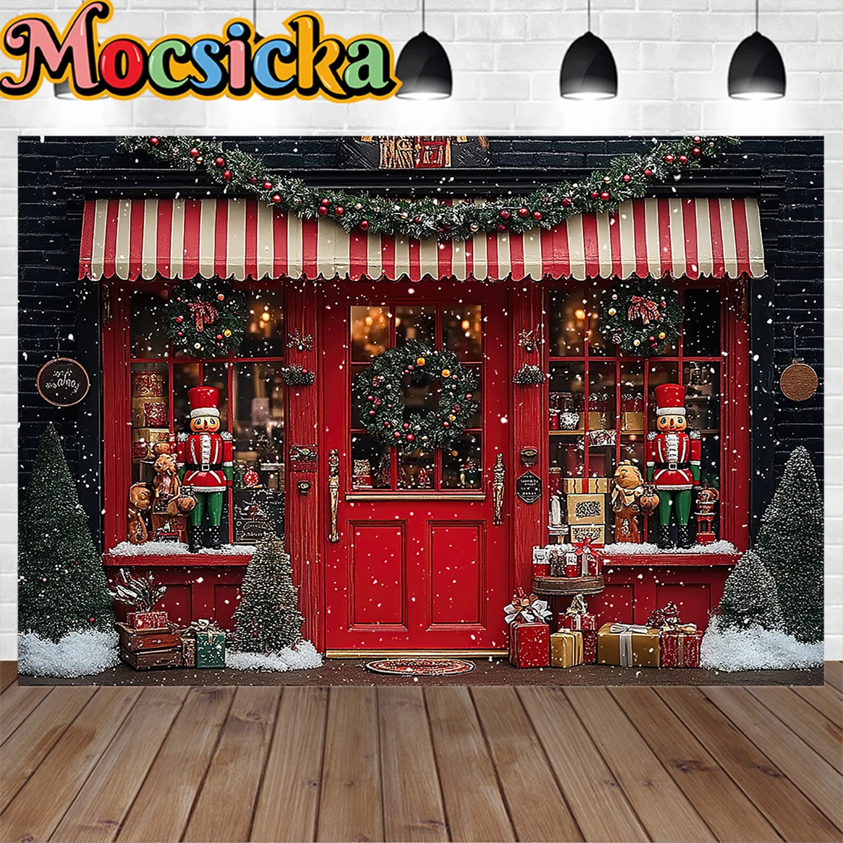 

Red Christmas Shop Background Photography Santa Gift Workshop Nutcracker Soldiers Backdrop Winter Family Kids Photo Studio Prop