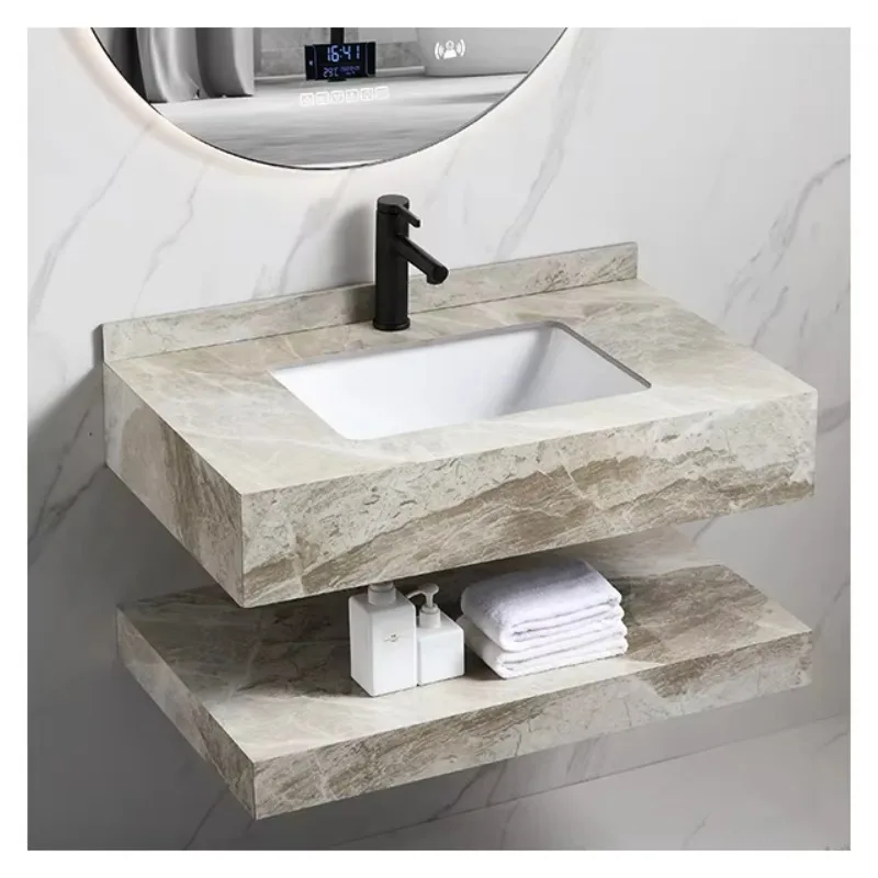 

Современный двухслойный мраморный туалетный столик с креплением для смесителя с одним отверстием, легко чистится, настенный шкаф для умывальника в ванной комнате из каменного шифера