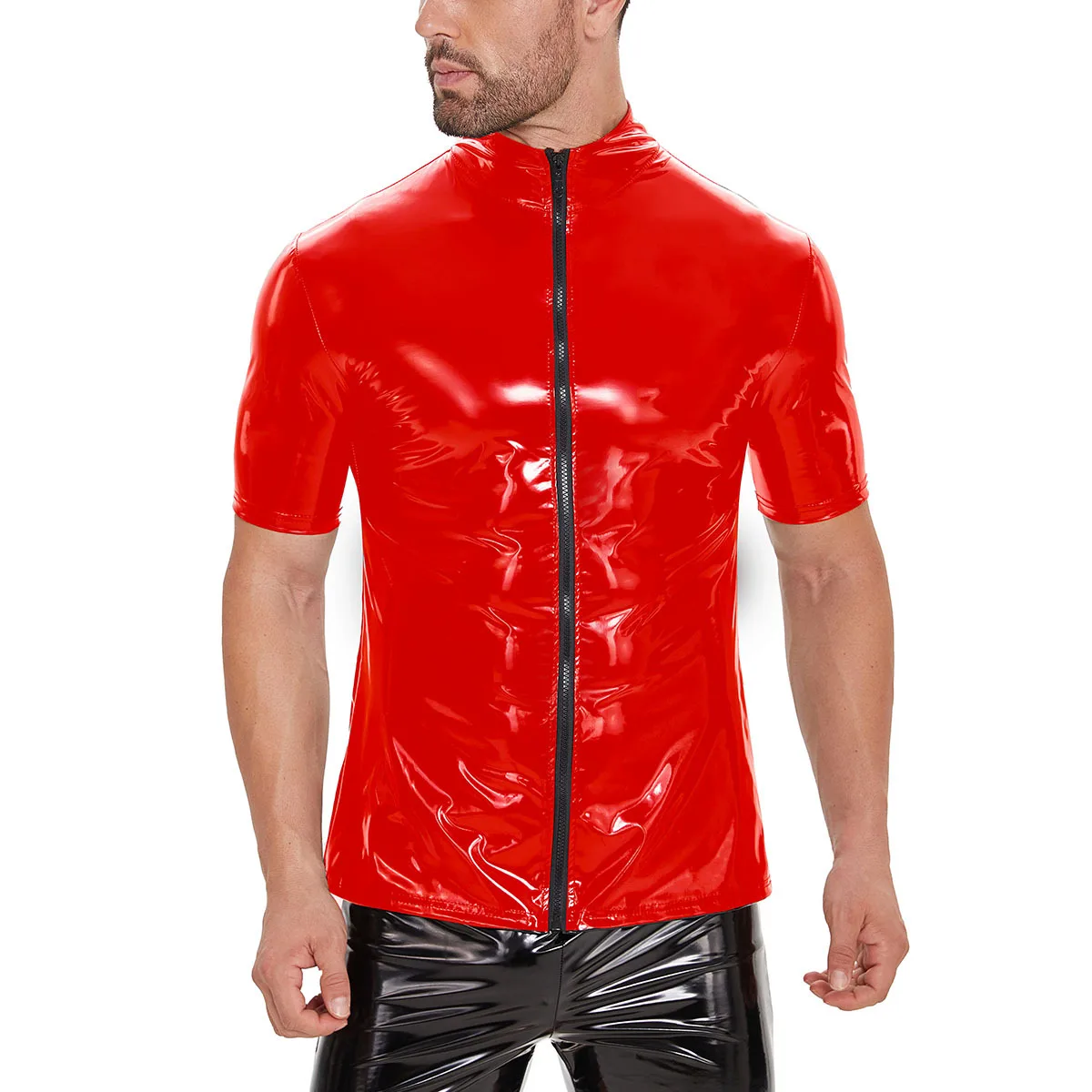 

2025 Men's Full Zipper Bright Leather Short Sleeve Casual Shirt Fashion Solid Color Classic D251