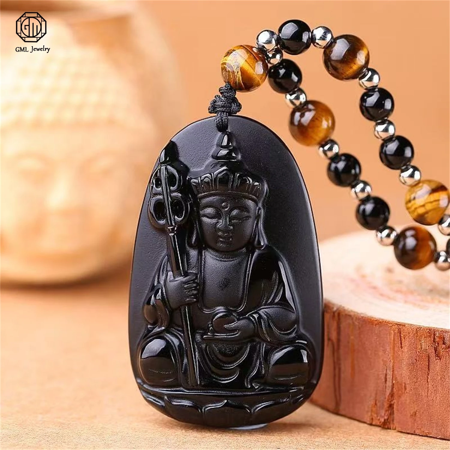 

Natural Black Gold Sheen Obsidian Ksitigarbha Bodhisattva Pendant Great Vow Unisex Men Women Spiritual Necklace Jewelry Gift