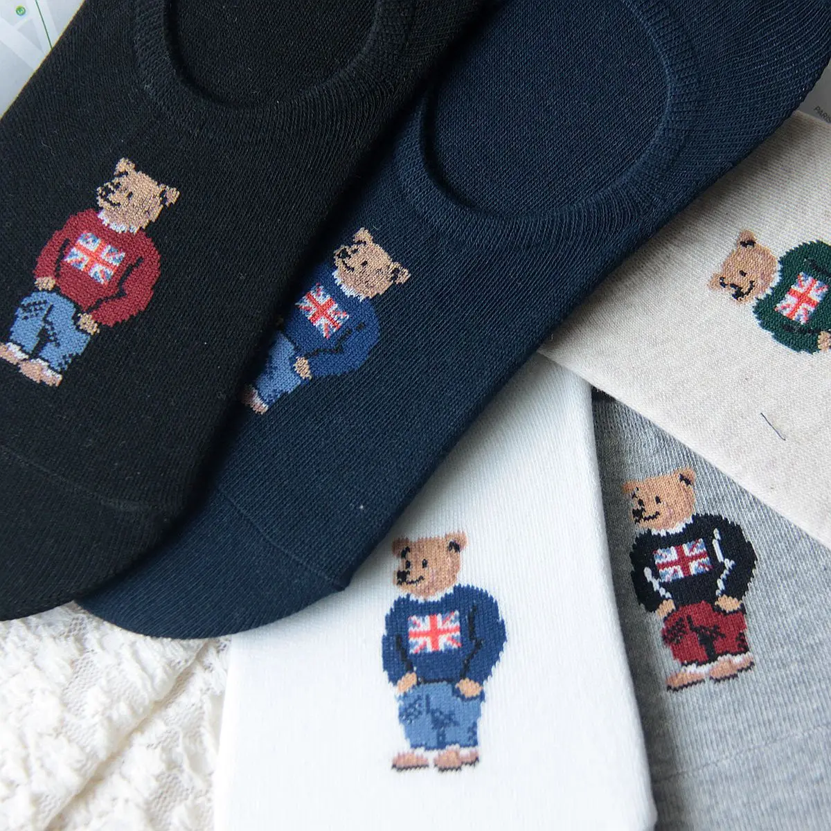 Bear Men\'s Socks  Cartoon Gentleman Harajuku Non-slip Novelty Breathable Business Sox Christmas Gift Cotton Socks for Men носки