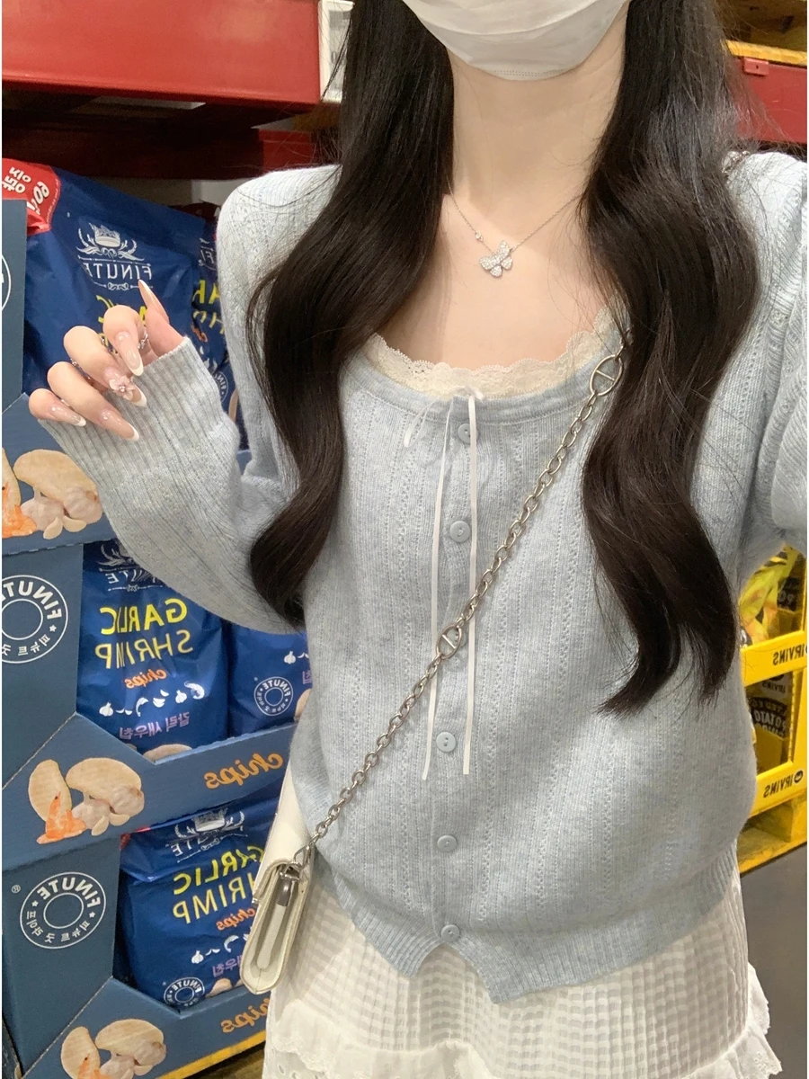 

Korean Sle Pure Desire Miu Lace Tie Knitted Long Sve Square Collar Base irt Women's Inner Wear Fake Two-Piece Sweater