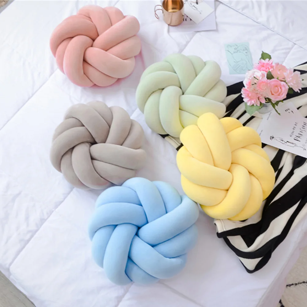 Soft Hand Knot Ball Pillows Solid Color Cushion Creative Round Back Cushion Home Decoration Car Office Chair Lumbar Throw Pillow