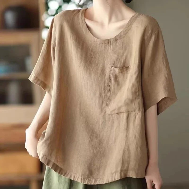 Women's Linen Pocket Detail Blouse Summer Half Sleeve Loose Fit Casual Top