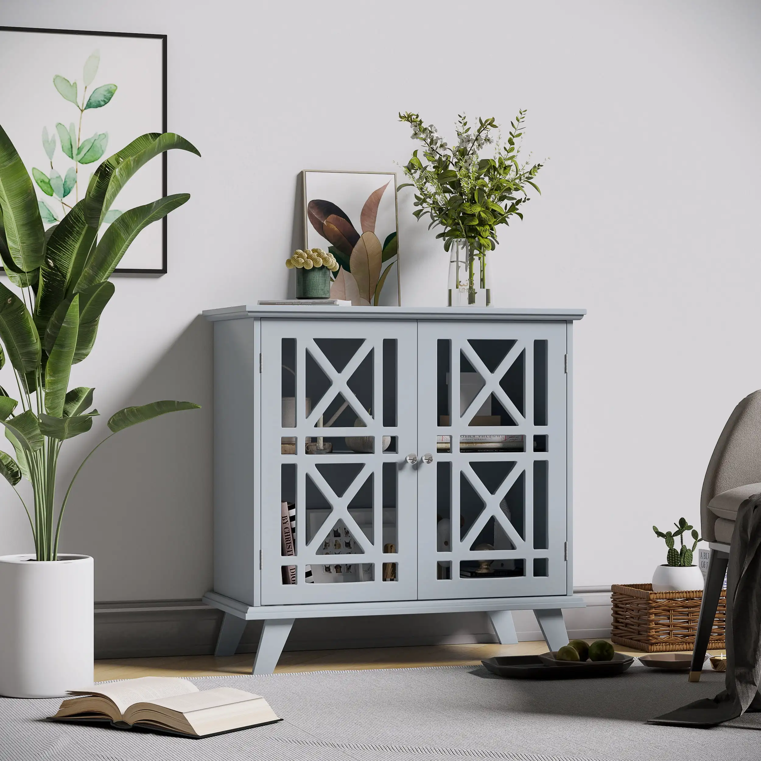 Wood Accent Sideboard Buffet Serveing Storage Cabinet with Fretwork Doors and Elevated Base,Living Room Cabinets