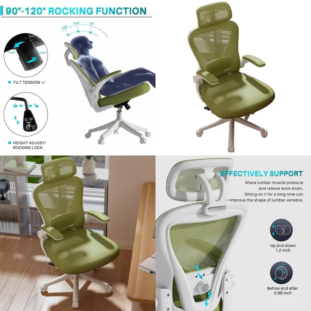 

Green Mesh Ergonomic Chair with Adjustable Lumbar, Headrest, and Flip-Up Armrests for Office Desk
