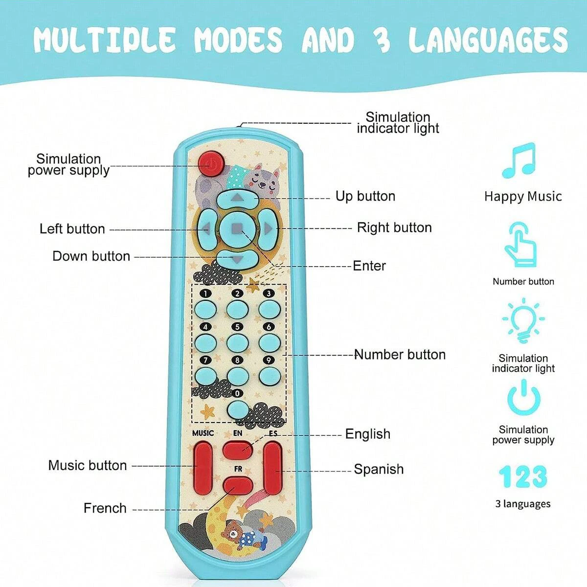 Children's simulation remote control with lighting and music, multi-functional play toy for early childhood foreign language edu