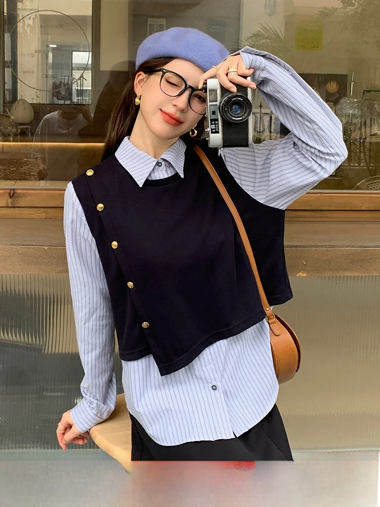 

Комплект женской одежды больших размеров: модный повседневный костюм весна 2026 с юбкой А-силуэта с высокой талией и блузкой с длинным рукавом из смесовой ткани (полиэстер, хлопок, спандекс)