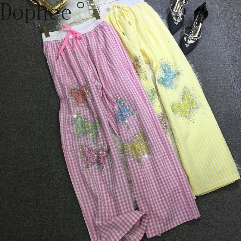 

Sweet Princess Pink Plaid Long Trousers New Summer Elastic Waist Straight Pants Shiny Butterfly Hot Drilling Women Cotton Pants