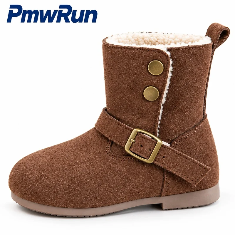 Winter Plush Boots For Girls Thick Warm Outdoor Padded Cotton Shoes Solid Color Vintage Running Snow Footwear