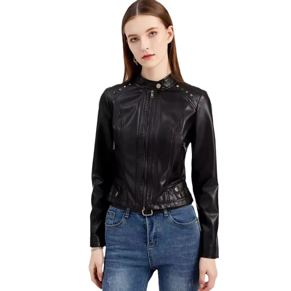 

Весенне-осеннее пальто, стильная женская байкерская куртка, модная женская кожаная куртка с воротником-стойкой, украшенная заклепками, роскошная