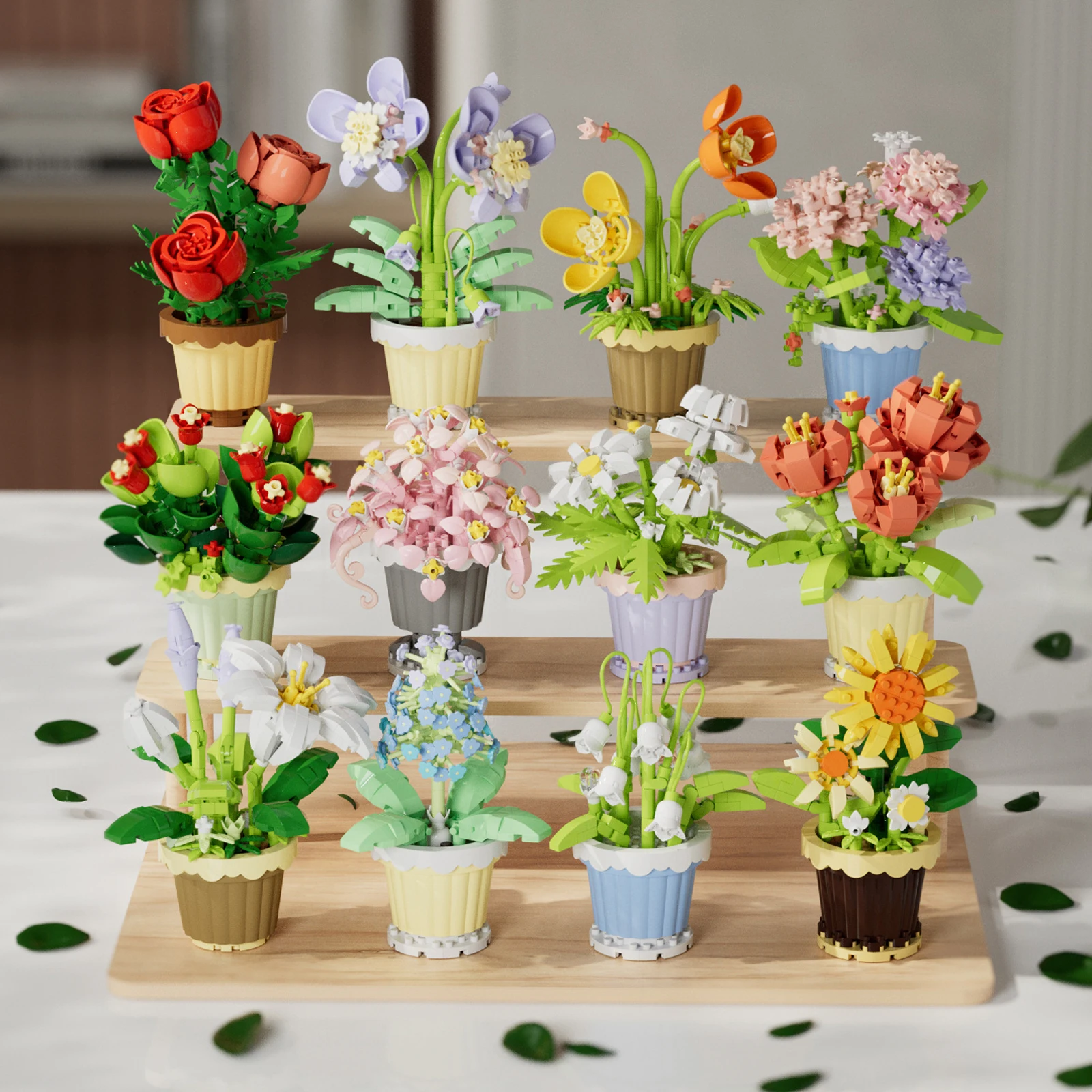 Mini Flowers Potted Plants Micro Building Blocks Bricks Set Simulated Rose Orchid Sunflower Model Home Office Decor Girls Gifts