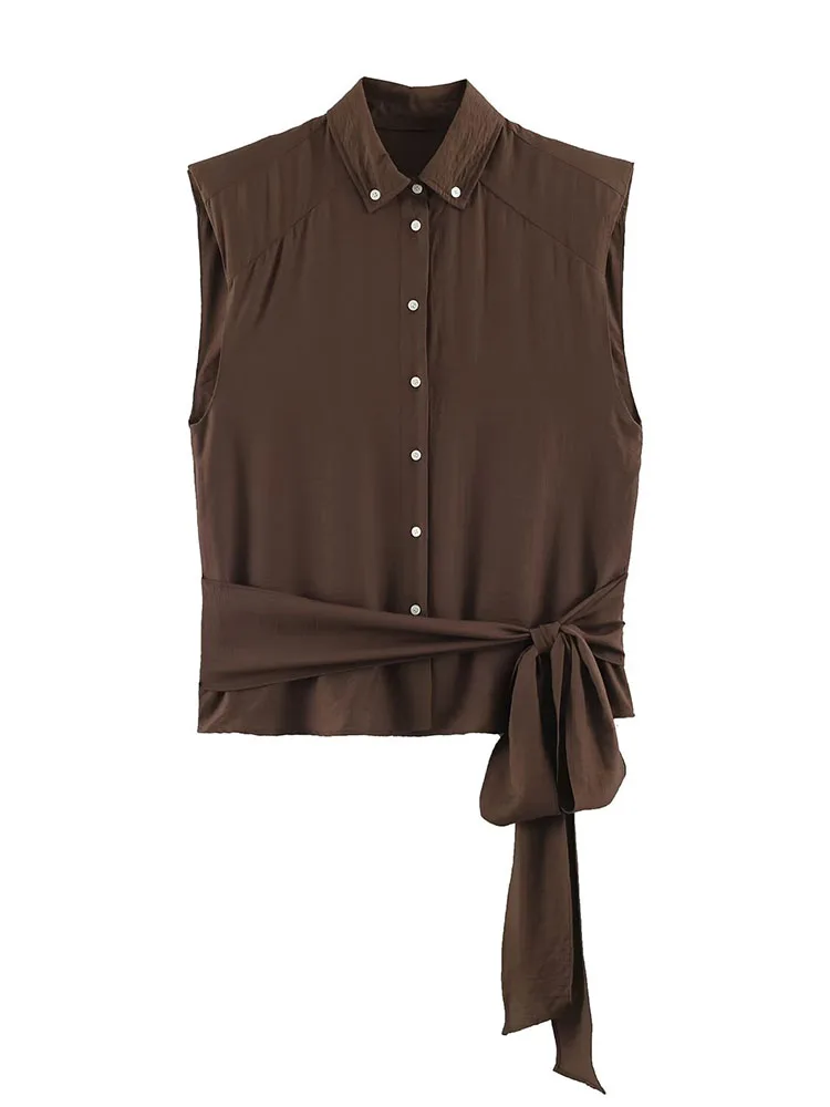 HH Women Summer Minimalist Sleeveless Button Down Blouse Point Collar Tie Waist Brown Top For Vacation Travel Casual Party Wear