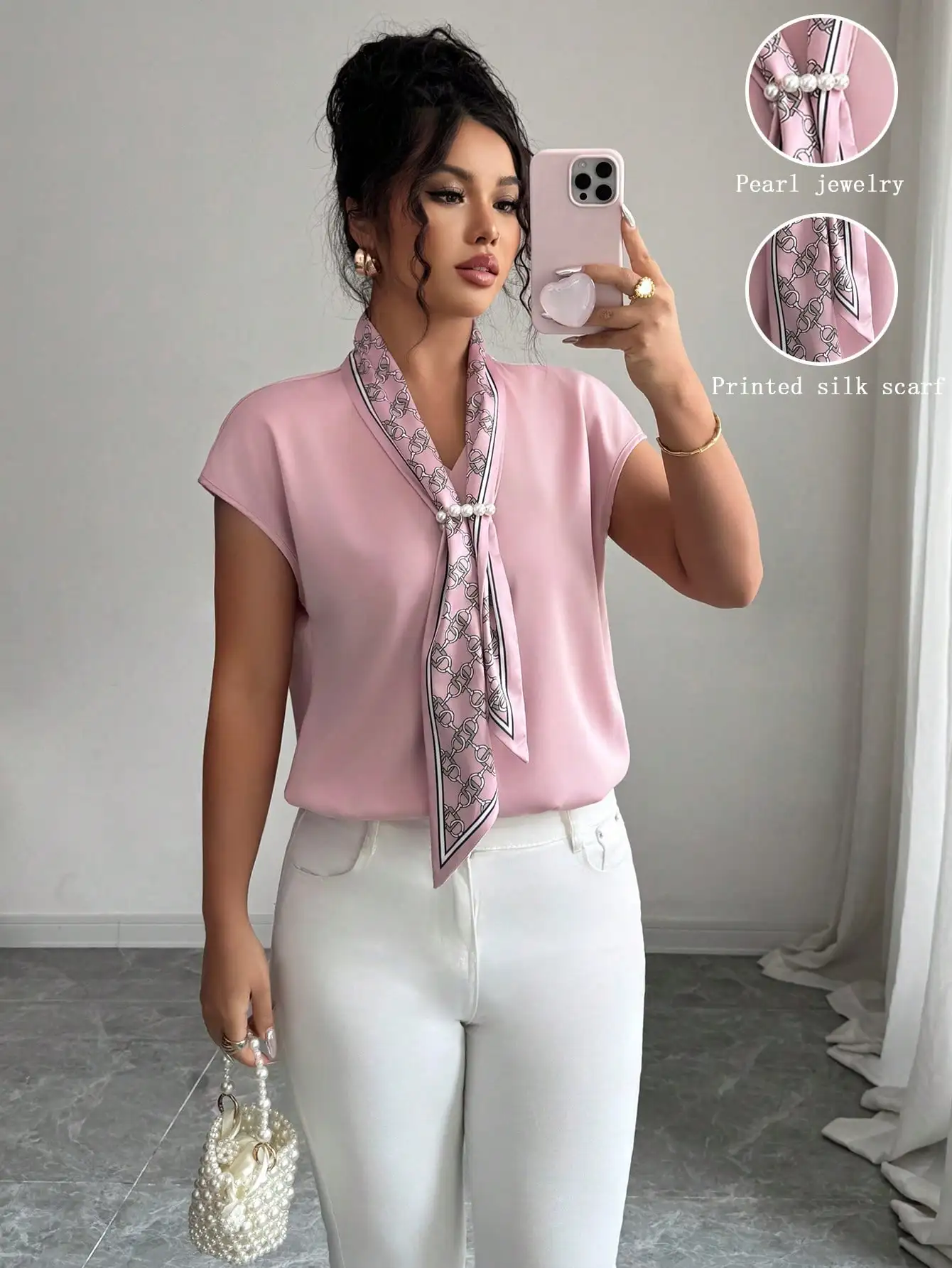 

Розовая блузка с V-образным вырезом и короткими рукавами, с жемчужным шарфом, элегантный деловой повседневный топ для женщин