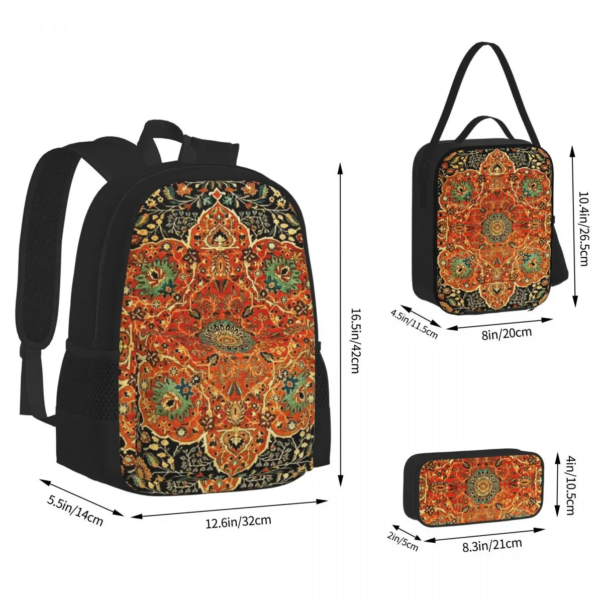 Antique Persian Mohtashem Kashan Backpacks Boys Girls Bookbag School Bags Children Rucksack Lunch Bag Pen Bag Three-Piece Set