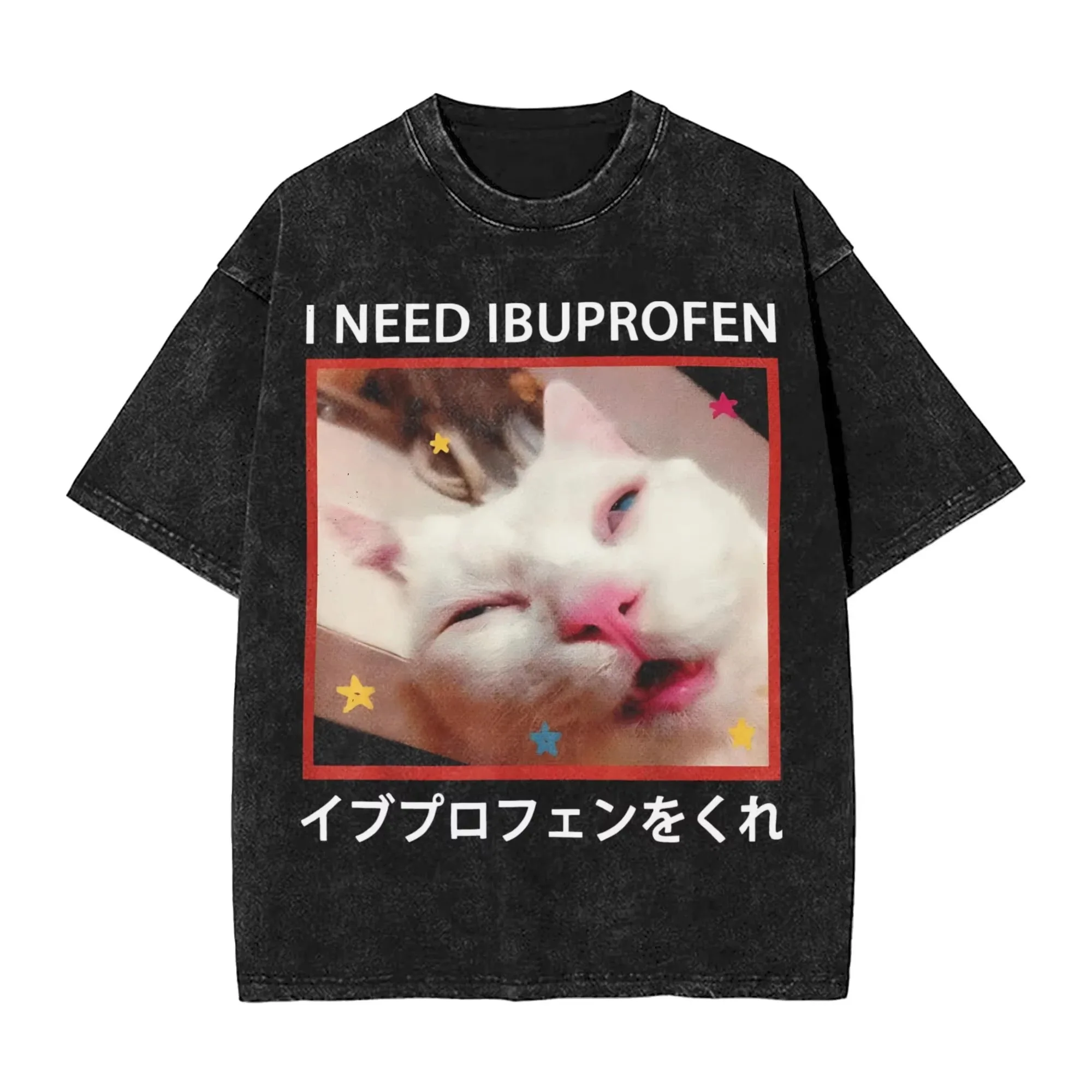 I Need Ibuprofen Japanese Cat T Shirts Hip Hop Washed Cotton High Street T-Shirts Vintage Men Women Tops Streetwear Tops Tees