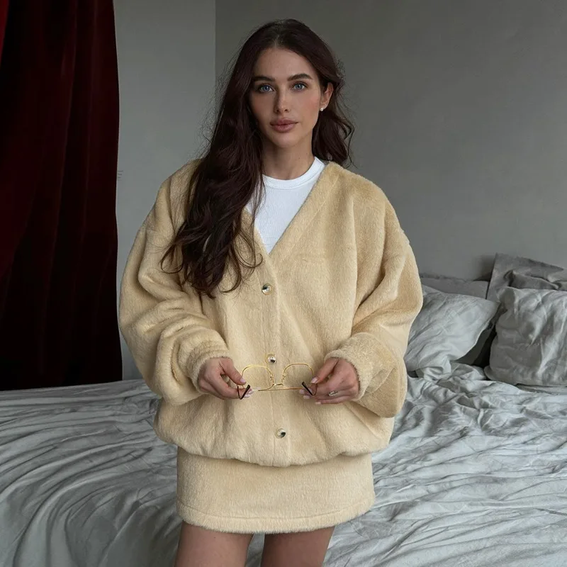 

Ticketsx Autumn Plush Dress Sets Women Vintage Sweater Cardigan Casual Mini Skirt Set Fashion Casual Office Female Dress Set