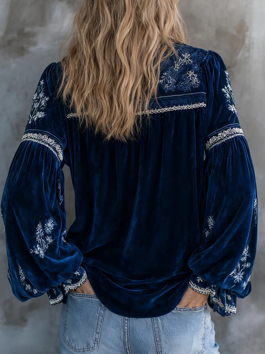 

Women's Vintage Velvet Floral Print Blouse V Neck Lantern Sleeve Loose Fit Streetwear Spring Casual Chic Soft Washed Y2K