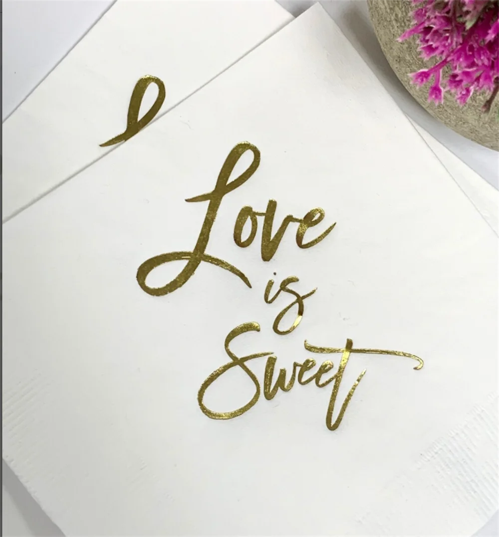 

50PCS White with Metallic Gold Foil Cocktail Beverage Napkins Love is Sweet - Perfect for cake and desserts at your event!