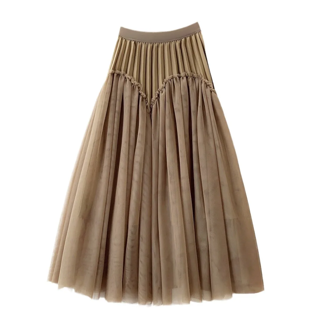 2025 Spring Women's A-Line Long Skirt High Waist Stretch Mesh Thick Maxi Skirt Femme Faldas Jupe Saia Pleated Skirt