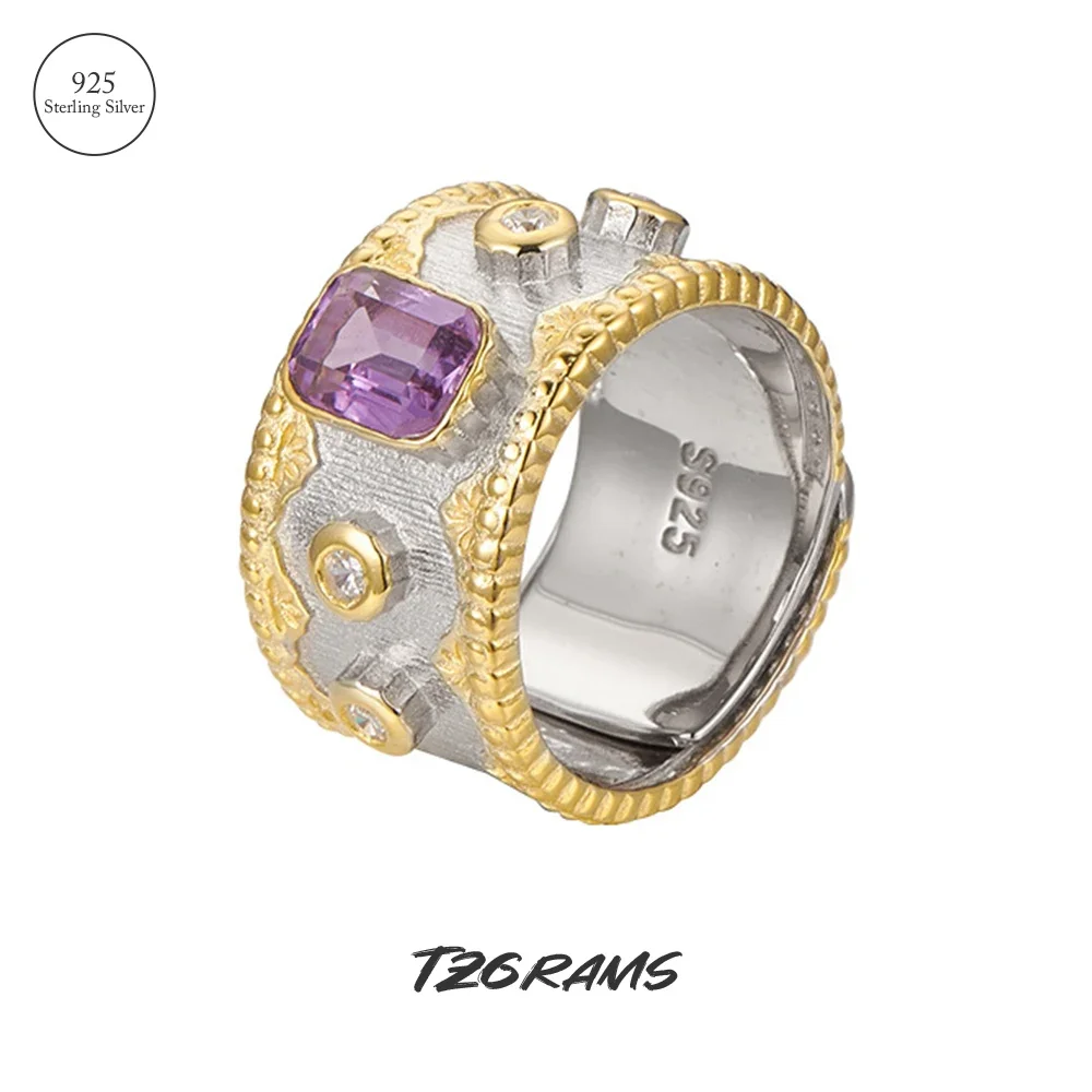 

12mm 925 Sterling Silver Luxury Amethyst Engagement Band for Women Brushed Finish Boho Wedding Rings Vintage Fashion Jewelry