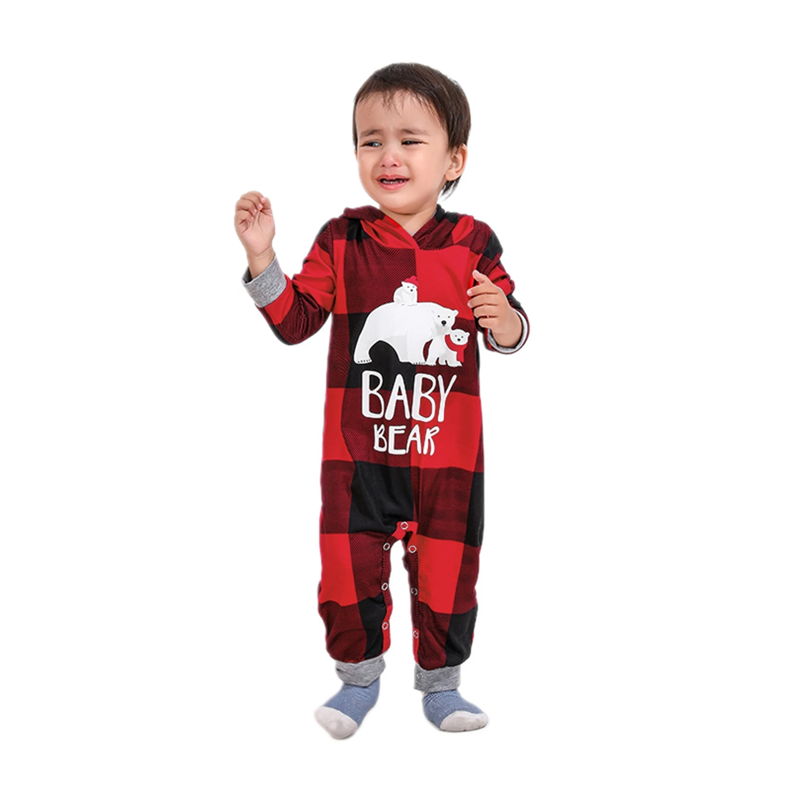 Christmas Family Matching Tracksuits Adult Kids Bear Print Plaid Pullover Hoodie Sweatshirt and Casual Sweatpants